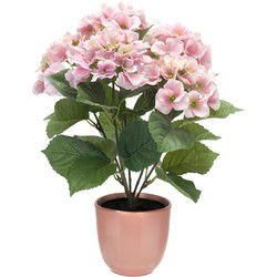 Hortensia kunstplant/kunstbloemen 40 cm - roze - in pot lichtroze glans - Kunstplanten