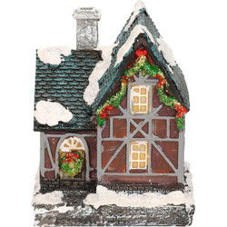 Verlicht kersthuisjes - grijze schoorsteen - Polystone - 14 cm - Kerstdorpen