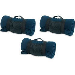 Fleece deken/plaid afneembaar handvat - 3x - donkerblauw - 160 x 130cm - Plaids