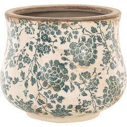 Clayre & Eef Bloempot  Ø 15x13 cm Beige Groen Keramiek Rond Bloemen Bloempot binnen