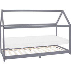 Kinderbed huisbed 90x200 cm lichtgrijs gemaakt van grenenhout incl. matras H-10cm houten bed met dak en lattenbodem ML design