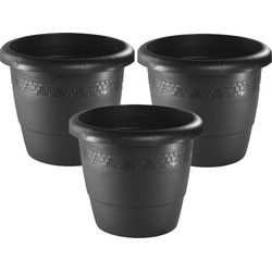 Hega Hogar Bloempot - 3x - antraciet - kunststof - sierrand - 30 cm - Plantenpotten