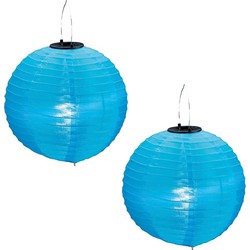 2x stuks Lampionnen op zonne energie blauw 30 cm - Lampionnen