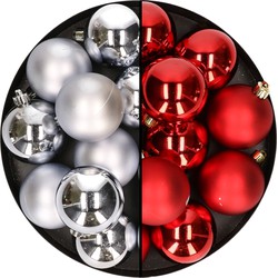 24x stuks kunststof kerstballen mix van zilver en rood 6 cm - Kerstbal
