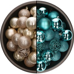 74x stuks kunststof kerstballen mix van champagne en turquoise blauw 6 cm - Kerstbal