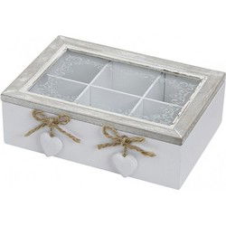 Theedoos - 6 vaks - grijs/wit - hartjes - 22 x 18 x 17 cm - MDF hout - Theedozen
