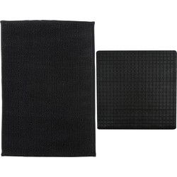 MSV Douche anti-slip mat en droogloop mat - Sevilla badkamer set - rubber/microvezel - zwart - Badmatjes