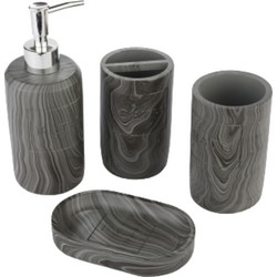 Decopatent® Badkamerset 4 Delig - Toiletaccessoires Set - Kunsstof - Zeeppompje - Tandenborstelhouder - Zeepschaal - Beker - Grijs