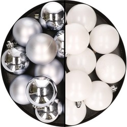 24x stuks kunststof kerstballen mix van zilver en wit 6 cm - Kerstbal