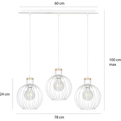 Tornio 3L lange hanglamp wit met licht houtstructuur metaal 3x E27