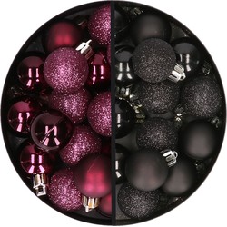 34x stuks kunststof kerstballen aubergine paars en zwart 3 cm - Kerstbal