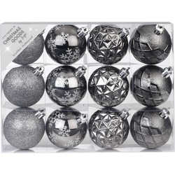 12x stuks luxe gedecoreerde kunststof kerstballen antraciet mix 6 cm - Kerstbal