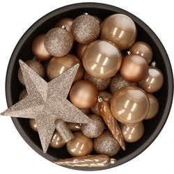 Set van 33x stuks kunststof kerstballen met ster piek toffee bruin mix - Kerstbal