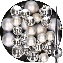 Kerstversiering kunststof kerstballen met piek zilver 6-8-10 cm pakket van 45x stuks - Kerstbal