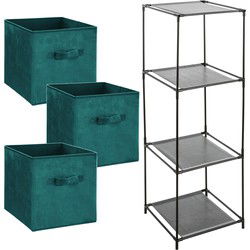 Kastmandjes/opberg mandjes - groen velours - 3x stuks van 29 Liter - In rekje van 34 x 98 cm - Opbergmanden