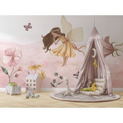 Fee in roze bloemenzee - Kinderbehang - 389,6 cm x 280 cm - Walloha 