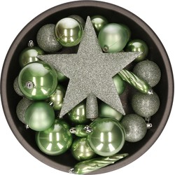 33x stuks kunststof kerstballen met piek 5-6-8 cm salie groen incl. haakjes - Kerstbal