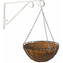 Hanging basket met klassieke muurhaak wit en kokos inlegvel - metaal - complete hanging basket set - Plantenbakken
