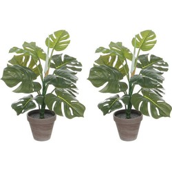 2x Groene Monstera/gatenplant kunstplanten 48 cm met grijze pot - Kunstplanten