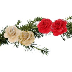 Set van 4x stuks decoratie bloemen rozen goud en rood op clip 9cm - Kersthangers