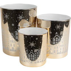 Clayre & Eef Theelichthouder Set van 3 Goudkleurig Glas Huizen
