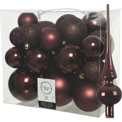 Set van 26x stuks kunststof kerstballen incl. glazen piek glans mahonie bruin - Kerstbal