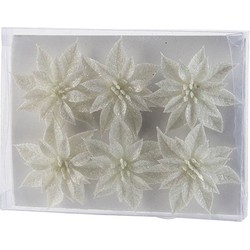6x Kerstversieringen glitter kerstrozen wit op ijzerdraad - Kunstbloemen