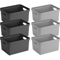 opbergboxen/opbergmanden - 6x stuks - 32 liter - kunststof - 45 x 35 x 24 cm - zwart/grijs - Opbergbox
