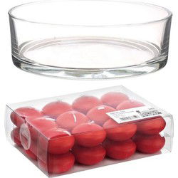 Cadeau set Lage luxe vaas 25 cm met rode drijfkaarsen - Drijfkaarsen