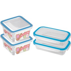 4x Voedsel plastic bewaarbakjes 0,5 en 1,5 liter transparant/blauw - Vershoudbakjes