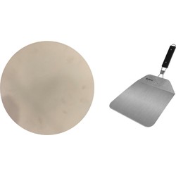 Keramische pizzasteen voor op de barbecue 36 cm met inklapbare RVS pizzaschep 25 cm - Pizzaplaten