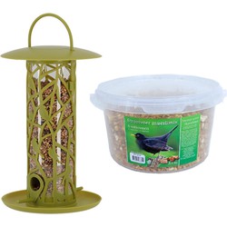 Vogel voedersilo met zitstokjes en tray groen kunststof 27 cm inclusief 4-seizoenen mueslimix vogelv - Vogel voedersilo