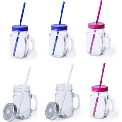 9x stuks drink potjes van glas Mason Jar zilver/blauw/roze 500 ml - Drinkbekers