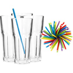 Set van 4x longdrink glazen en 100x duurzame papieren rietjes - 280 ml - Longdrinkglazen