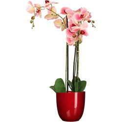 Orchidee kunstplant roze - 75 cm - inclusief bloempot rood glans - Kunstplanten