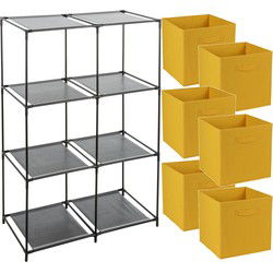 Opbergrek 3-laags - metaal - kunststof - zwart - 68 x 98 cm - incl. 6 opbergmanden oker geel - Opbergrekjes