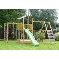 Wendi Toys Houten Speeltoren Dino | inclusief Glijbaan, Klimwand, Schommel & Zandbak
