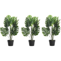 3x Groene Monstera gatenplant kunstplanten 70 cm met zwarte pot - Kunstplanten