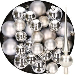 Kerstversiering kunststof kerstballen met piek zilver 6-8-10 cm pakket van 45x stuks - Kerstbal