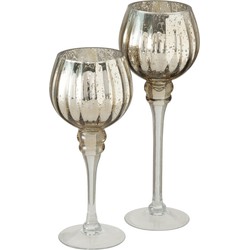 Luxe glazen design kaarsenhouders/windlichten set van 2x stuks metallic champagne 25-30 cm - Waxinelichtjeshouders