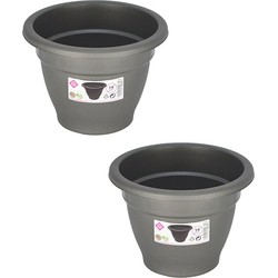 Set van 2x stuks grijze ronde plantenpot/bloempot kunststof diameter 14 cm - Plantenpotten