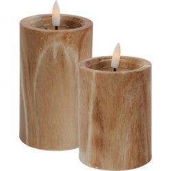 LED kaarsen/stompkaarsen - set 2x - bruin marmer look - H10 en H12,5 cm - timer - warm wit - LED kaarsen