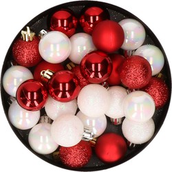 28x stuks kunststof kerstballen parelmoer wit en rood mix 3 cm - Kerstbal