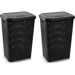 PlasticForte Wasmand met deksel - 2x stuks - 60L- zwart - 35x43x62 cm - Wasmanden