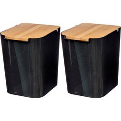 5Five prullenbak/vuilnisbak - 2x stuks - 5 liter - bamboe - zwart/lichtbruin - 24 x 19 cm - badkamer - Pedaalemmers