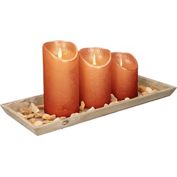 Dienblad van hout met 3 LED kaarsen in koper kleur 39 x 15 cm - LED kaarsen