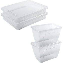 4x Voedsel plastic bewaarbakjes hoog/diep 1,5 en laag 1,5 liter transparant - Vershoudbakjes
