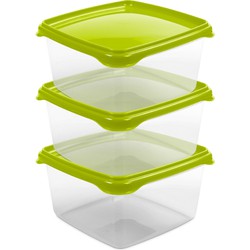 Hega Hogar Vershoudbakjes - set 3x stuks - 1.3 liter - transparant/groen - L16 x B16 x H11 cm - Vershoudbakjes