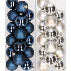 32x stuks kunststof kerstballen mix van donkerblauw en zilver 4 cm - Kerstbal