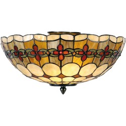 LumiLamp Plafondlamp Tiffany  Ø 40x24 cm  Beige Rood Metaal Glas Halfrond Roos Plafonniere